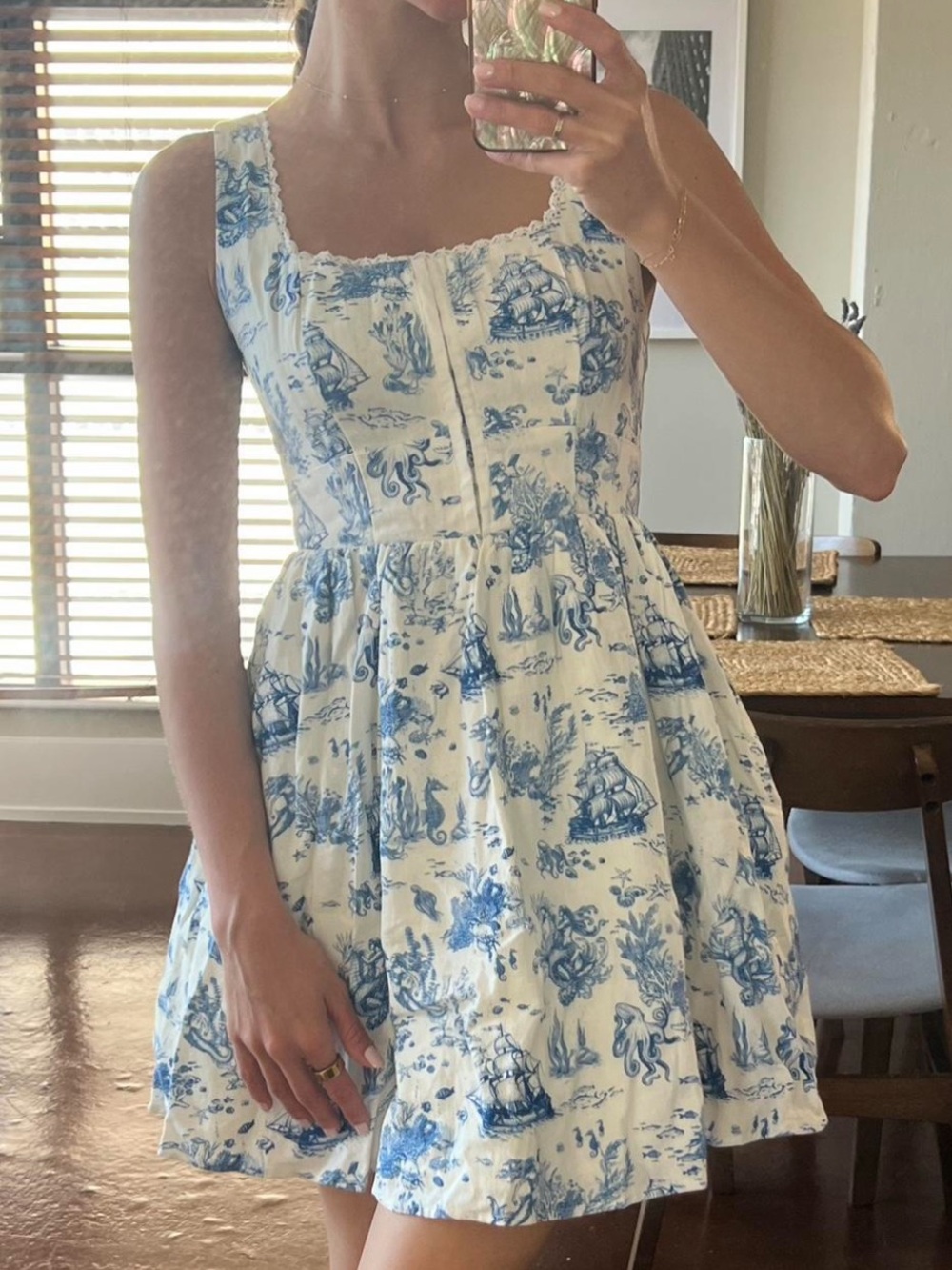 7 for all mankind Linen blue white vintage nautical toile print sleeveless dress